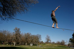 Jerry Miszewki makes getting up and walking on a slackline look as easy as one, two, three. Fred Gladdis/Enterprise photos 